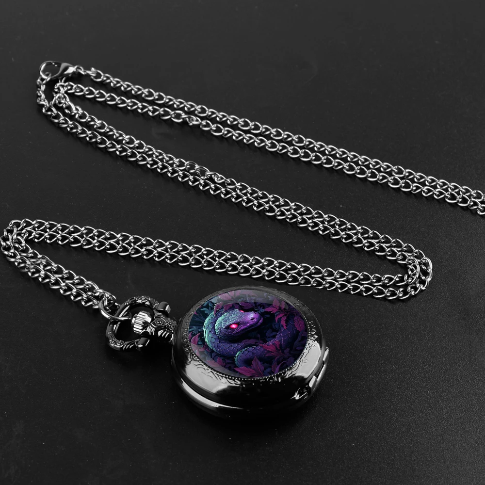Incantevole orologio da tasca al quarzo nero con cupola in vetro serpente con quadrante con numeri arabi e catena resistente, regalo retrò per uomini e donne