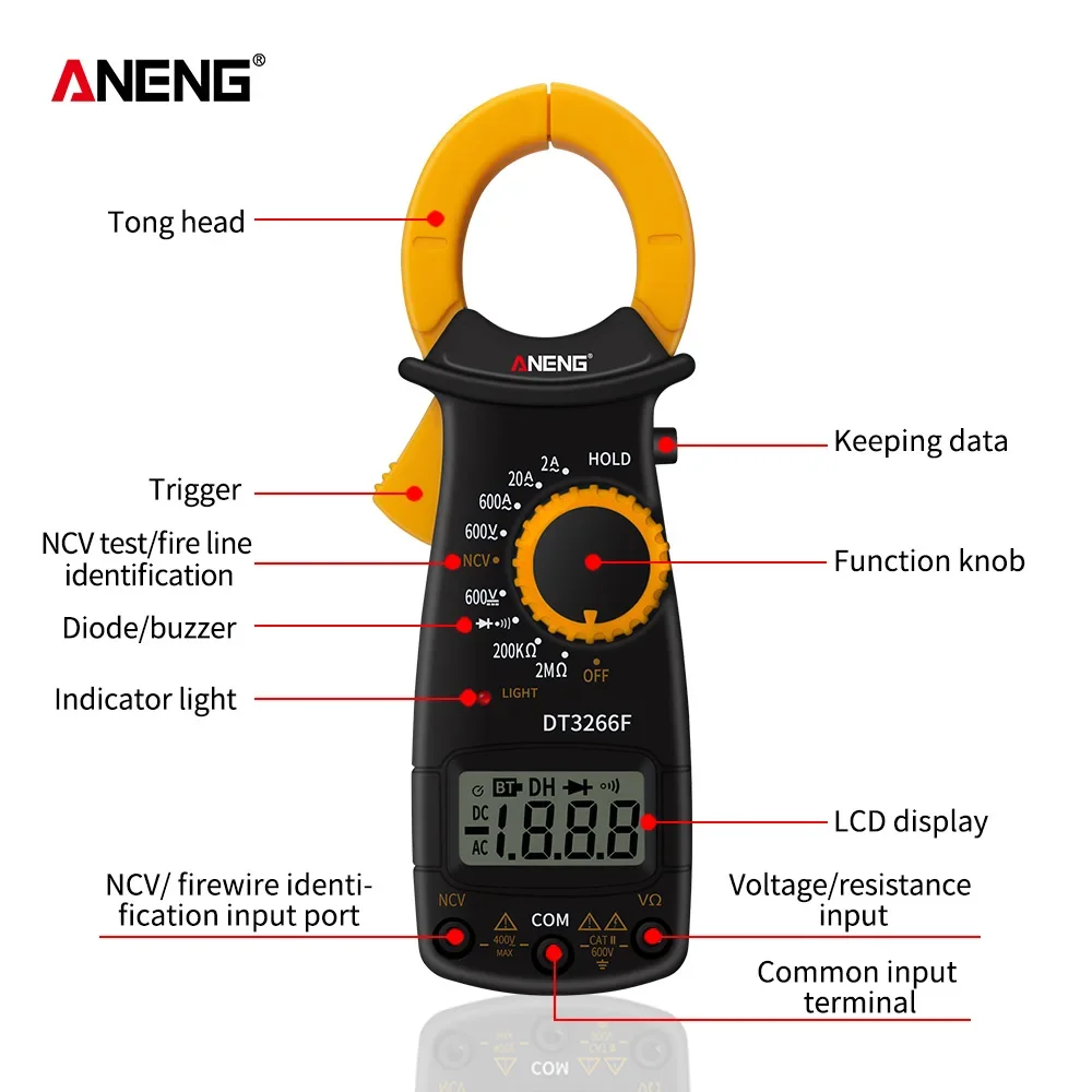 ANENG DT3266F Mini Digital Multimeter Ampere Electrical Clamp Meter AC / DC Voltage NCV Resistance Diode Tester with Buzzer