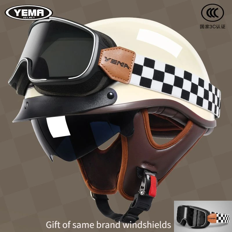 

YEMA Retro Motorcycle Helmet Japanese Fashion Summer Half Helmet Comes with Same Brand Windshields As Gift Classic Color Scheme