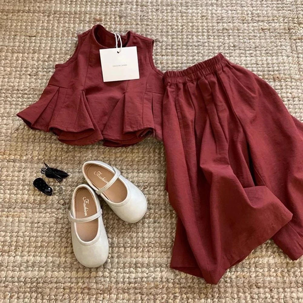 New Arrival Toddler Girl Korean Crimson Crimped Camisole, Lovely Flounce Blouse & Loose Trousers