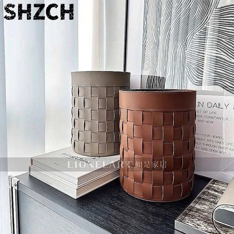 Handwoven Saddle Leather Trash Bin Multi-Surface Waste Basket for Desktop Car Console Bedside