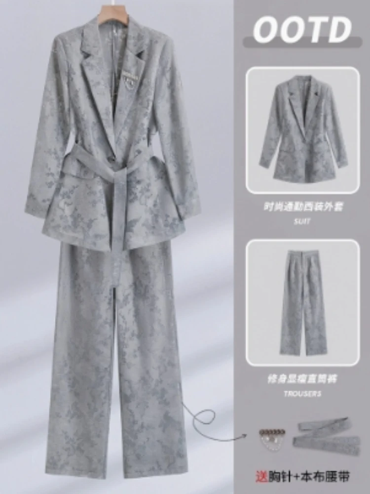 Set di pantaloni da donna 2025 Primavera Autunno Temperamento Lace Up Blazer Cappotto a vita alta Pantaloni lunghi dritti Set di due pezzi