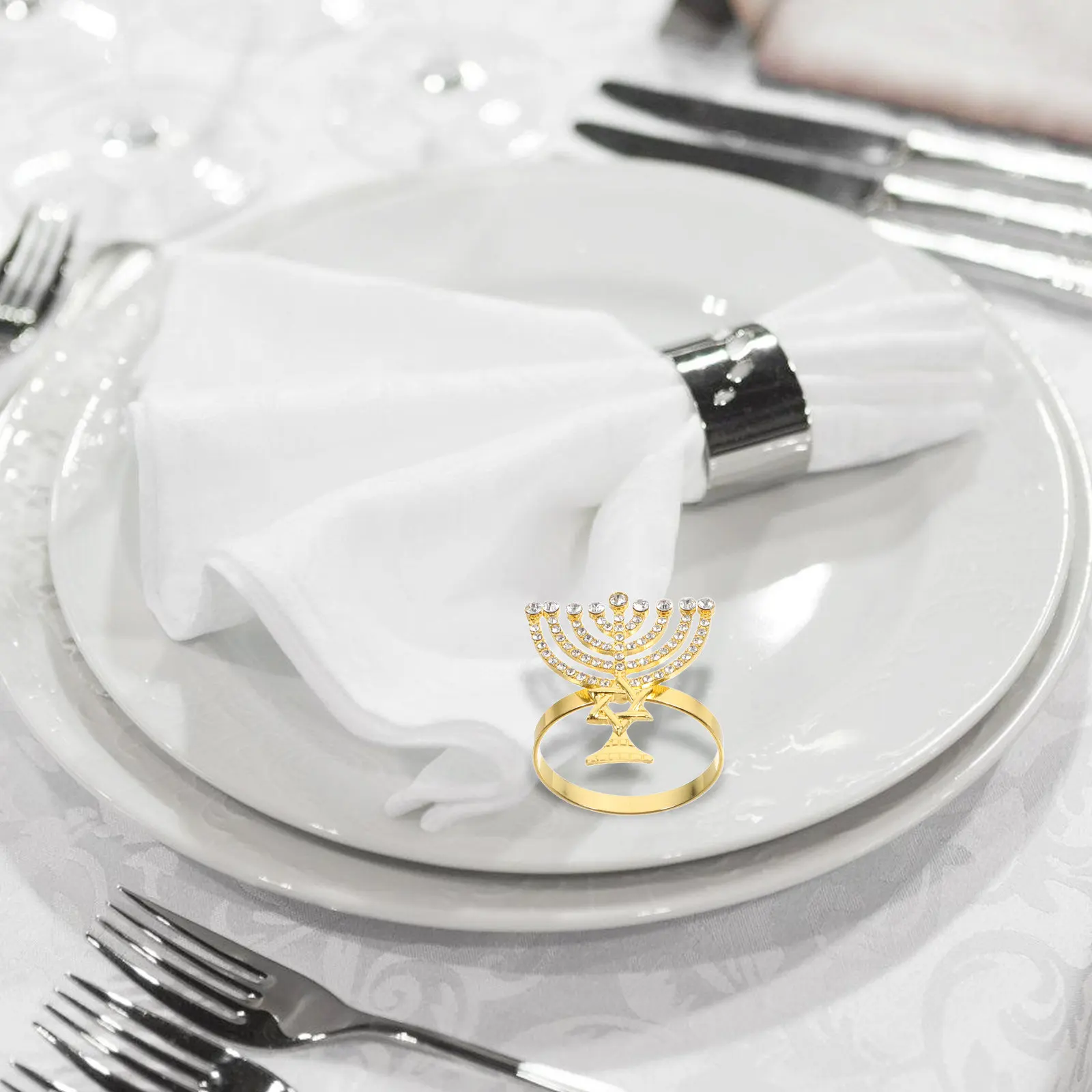 4Pcs Hanukkah Napkin Rings Chanukah Menorah Serviette Buckle Elegant Holiday Dinner Party Wedding Decor Chanukah Napkin Holders