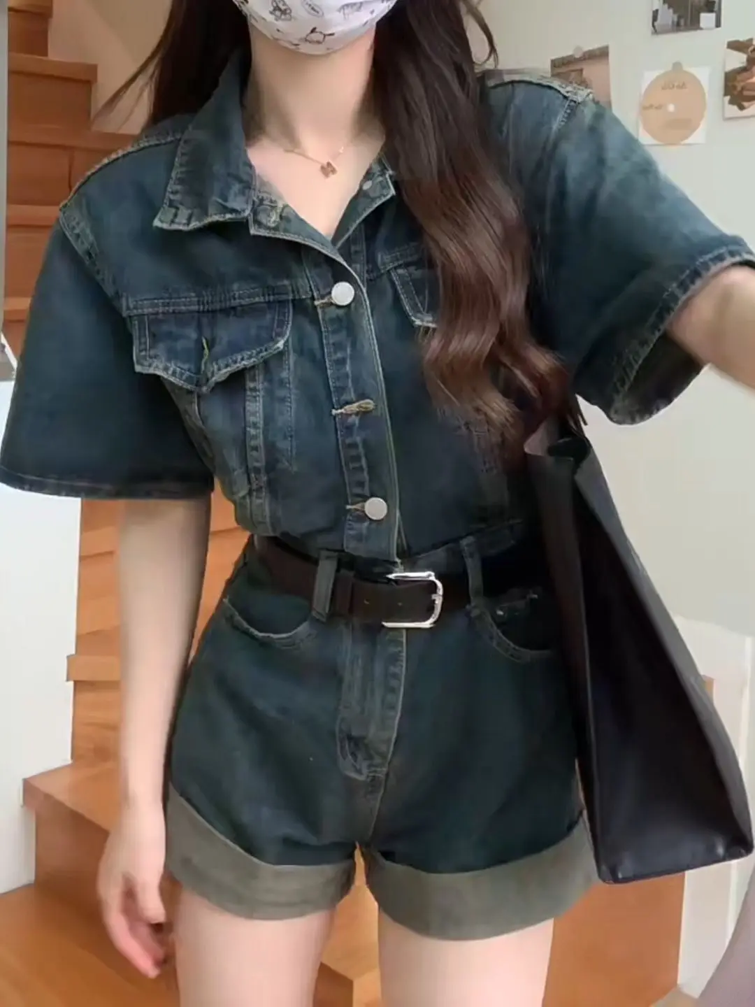 Macacão Jeans Feminino de Cintura Alta, Caimento Solto, Estilo Workwear, Verão 2024, Novo Estilo, Tamanho Pequeno, Retrô, Cal...