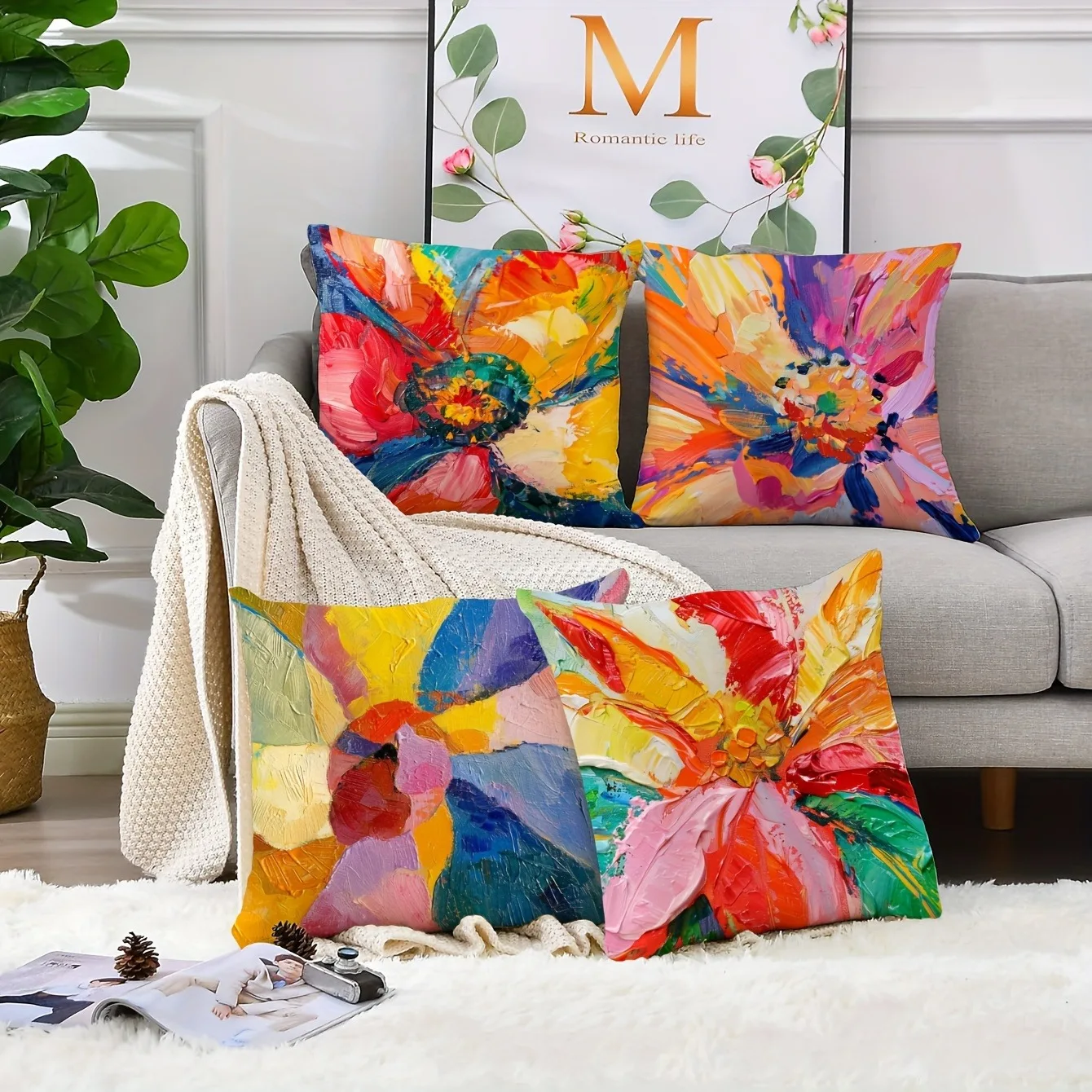 Art Abstract Color Floral Print Home Decor Pillowcase Bedroom Living Room Sofa Decoration Polyester Cushion Cover with Zipper