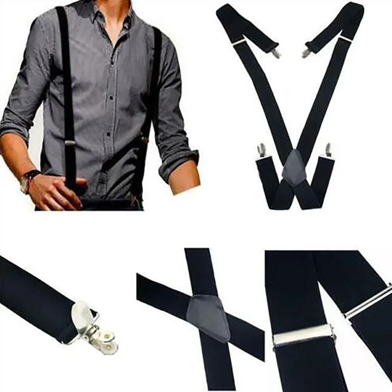 Wide Men Suspenders ยืดหยุ่นสูงปรับได้ 4 คลิปที่แข็งแกร่ง Suspender Heavy Duty X กลับวงเล็บกางเกง