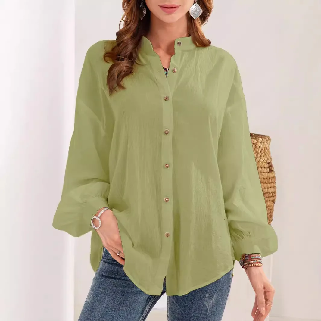 Solid Color Long Sleeved Cotton Linen Shirt  Cardigan Women's Button V Neck Office Lady Autumn/spring Blouse Green Yellow Top