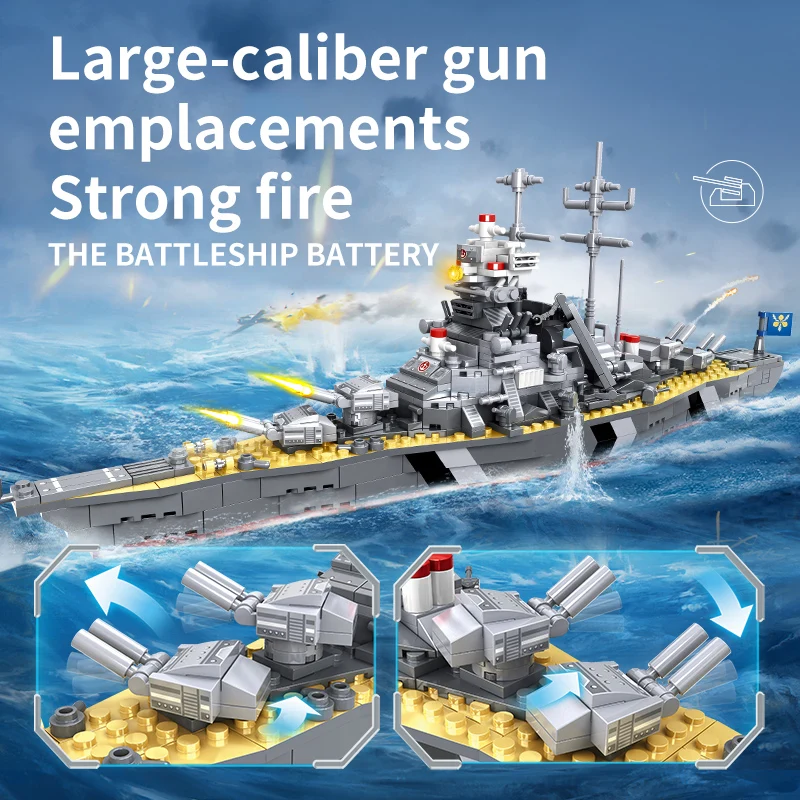 WOMA Creative Bismarck battleship, aircraft carrier, building block weapon, warship model assembly, building block ship toy