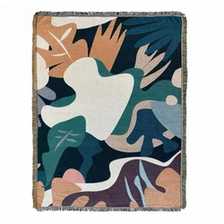 Modern Abstract Throw Blanket Boho Chic Woven Tapestry for Sofa Bed & Picnic Contemporary Leaf Design Jacquard Cover Home Decor