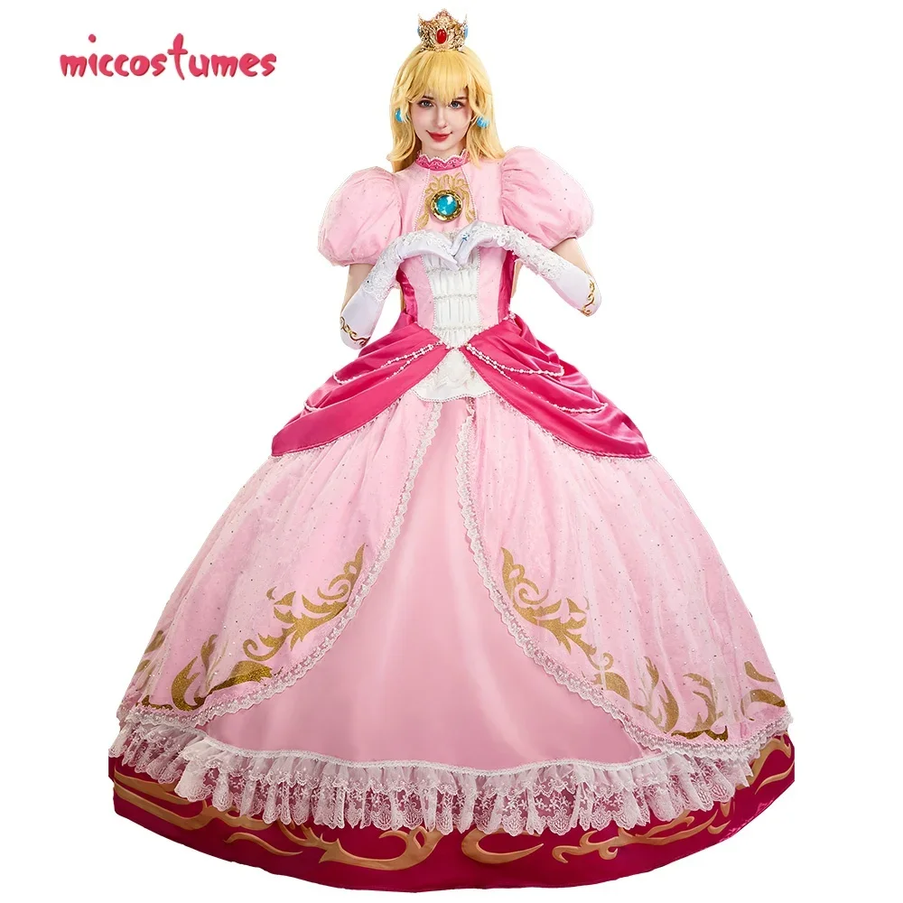 Miccostumes Women Peach Cosplay Costume Dress Pink Dress Gloves Earrings Crown Petticoat Women Princess Cosplay Costume