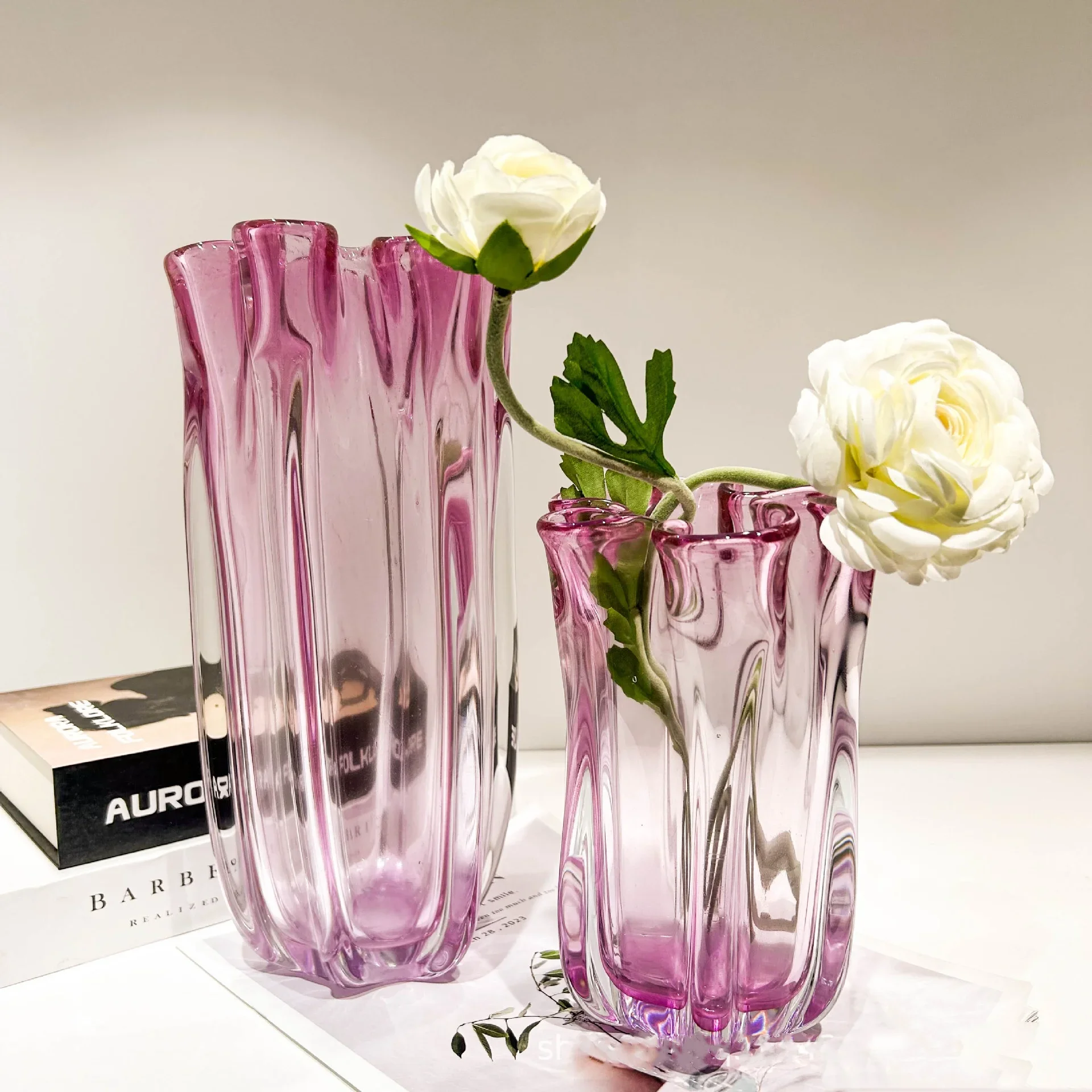 

For Pink Glass Vase Petal Fold Transparent Flower Vase Hydroponics Terrarium Floral Arrangement Accessories Home Decoration
