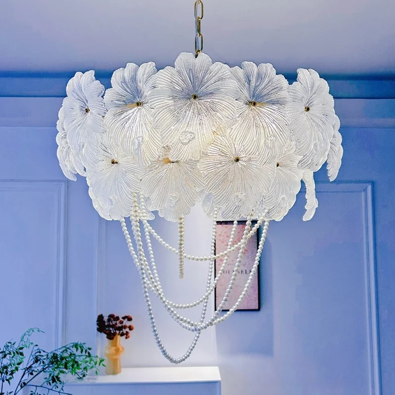 French Flower Glass Pendant Light Modern Romantic Ceiling Chandelier Lamp For Bedroom Living Room Closet Dining Table Lighting