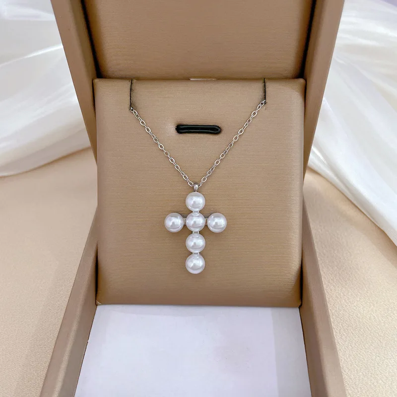 Vintage Stainless Steel Imitation Pearls Cross Pendant Necklaces For Women Fashion Luxury Design Chain Necklace Jewelry Gift