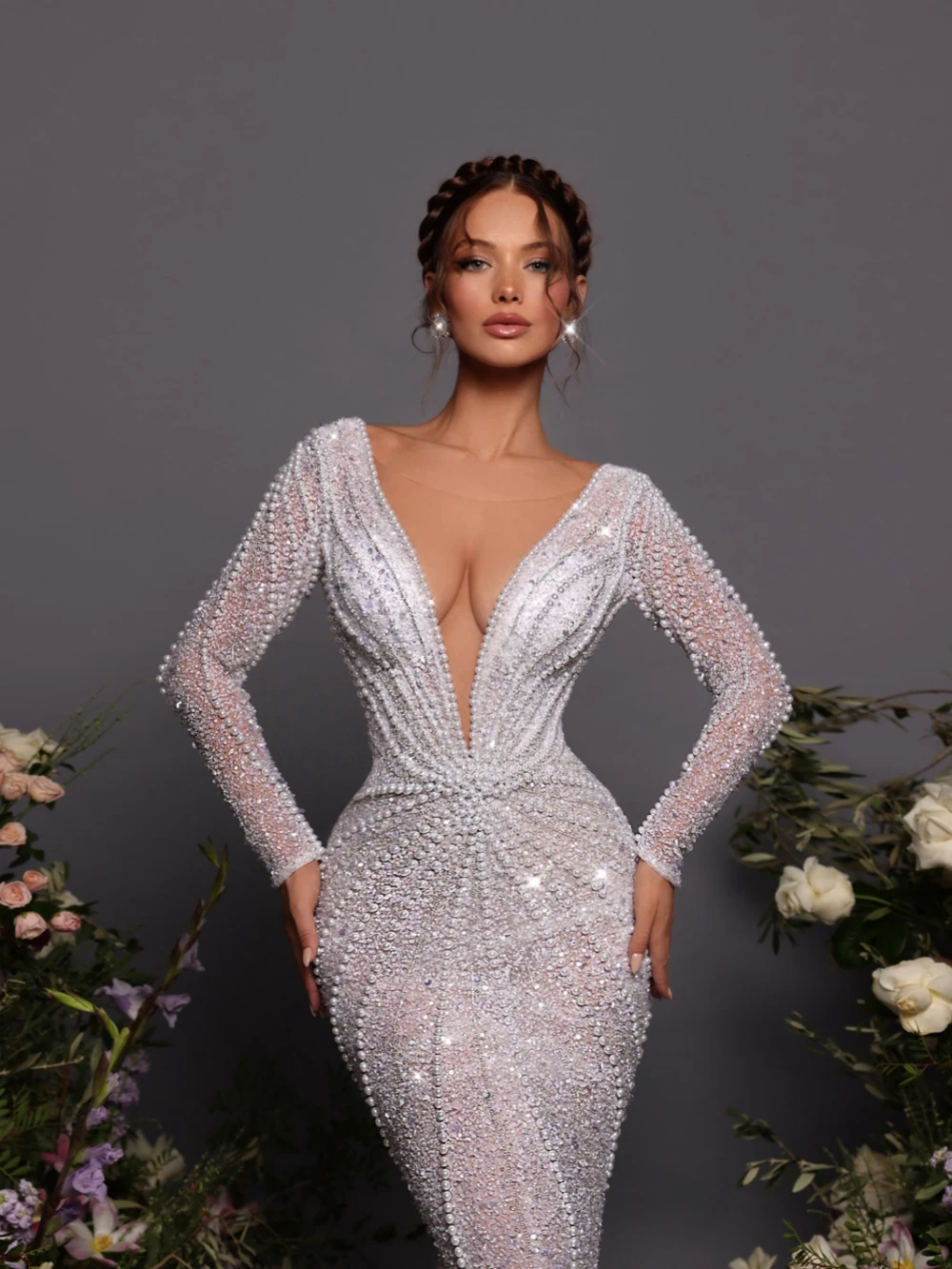 Sexy Deep V-neck Backless Wedding Dress Glitter Hand-sewn Pearls Bride Robe Exquisite Mermaid Long Bridal Gown Robe De Mariée