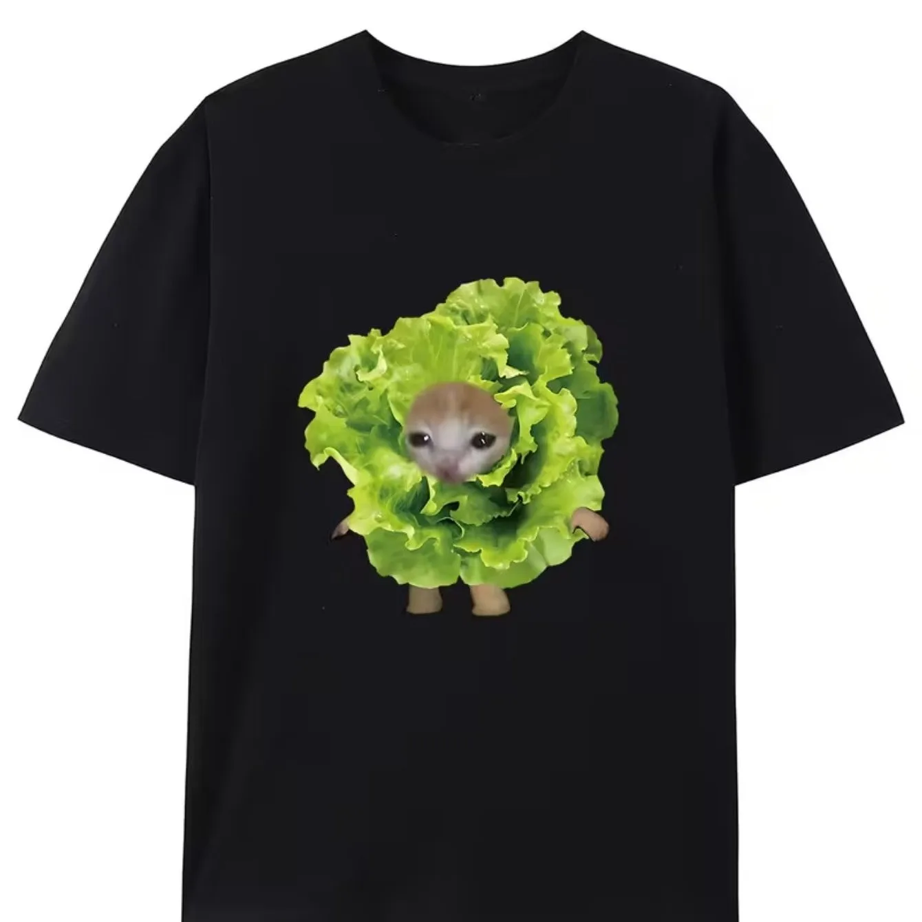 Funny Cat in Lettuce Meme Graphic Tee Cute Kitten Vegetable Print Unisex Casual Y2k T-Shirt Free Delivery Shipping Clothes Woman