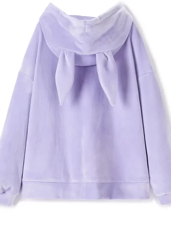 Felpa con cappuccio ricamata con orecchie di coniglio in velluto da donna Thi Quali Long Sve Sweet Sle Fibra di poliestere Casual Streetwear