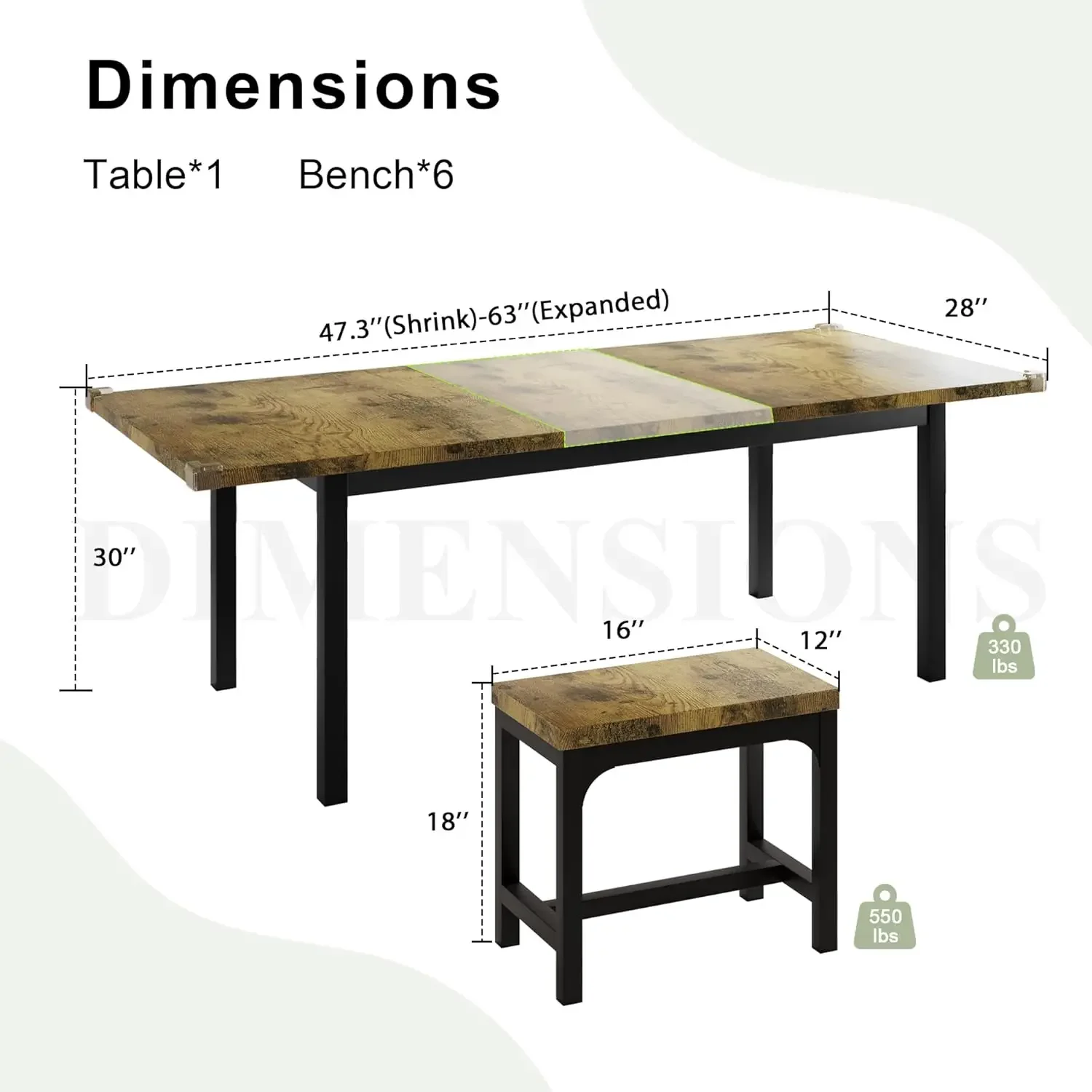 7-Piece Dining Table Set with 6 Stools, 63