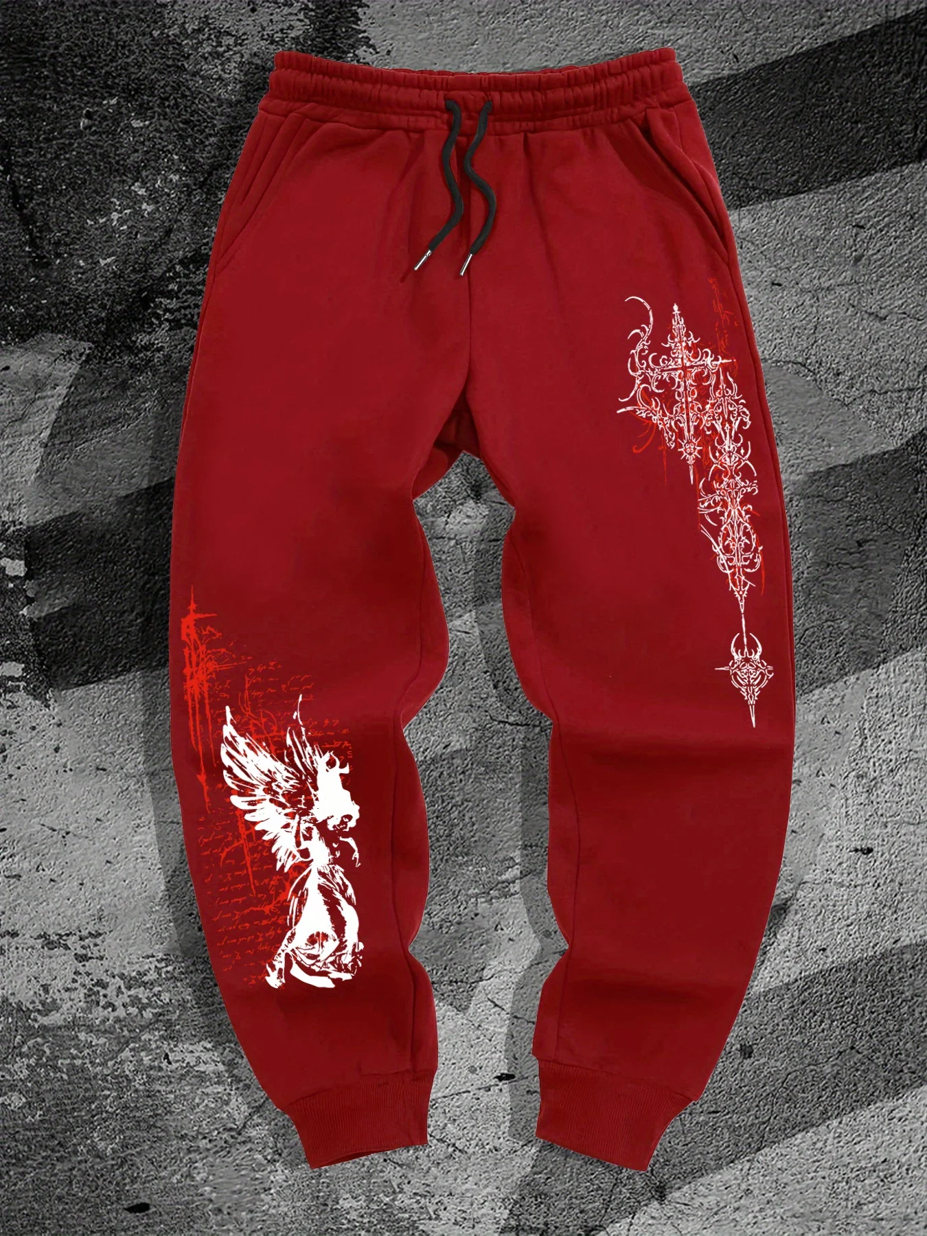 Gothic Angel Print Fashion Harajuku Versatile Solid Color Daily Outdoor Running Fitness Breathable Comfortable Men Sports Pants