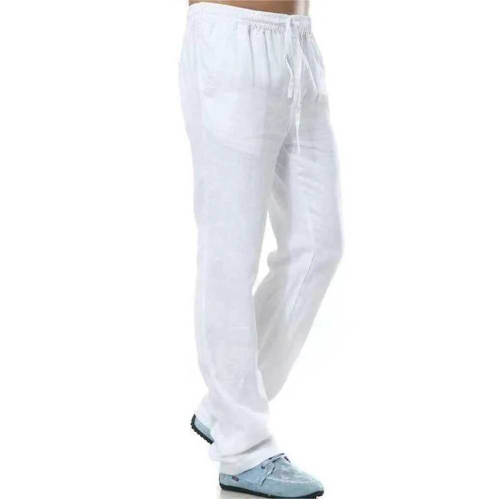 Men's Cotton Linen Pants Old Money Casual Business Solid Color Straight Leg Elastic Waist Lightweight Breathable Male Fashion Trousers