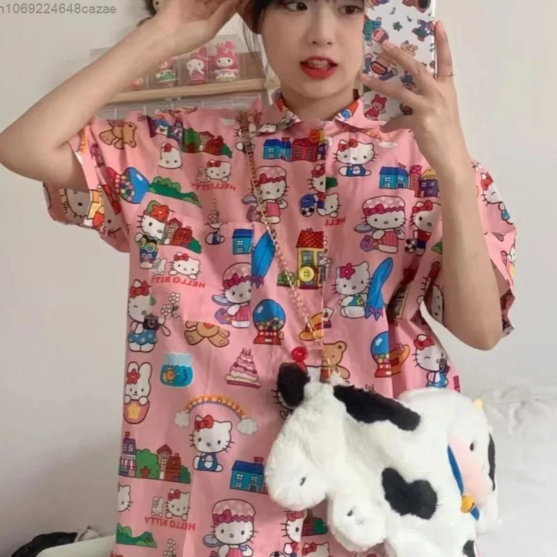 Sanrio Olá Kitty Bonito Impresso Blusa 2022 New Summer Student Rosa Camisa de Manga Curta Y2k Versátil Irmã Retro Tops Para As Mulheres