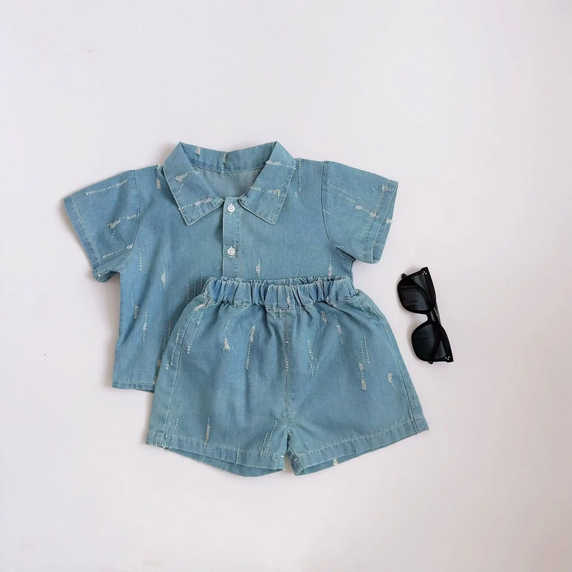 

2025 Summer New Children Short Sleeve Clothes Set Boys Girls Lapel Vintage Denim Shirts + Shorts 2pcs Suit Kids Casual Outfits