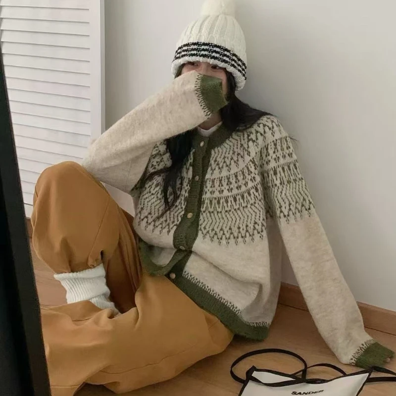 

Zipper Lapel Color Blocking Coat Retro Jacquard Knitted Cardigan Women's Autumn Winter Loose Long Sleeve O-neck Sweater