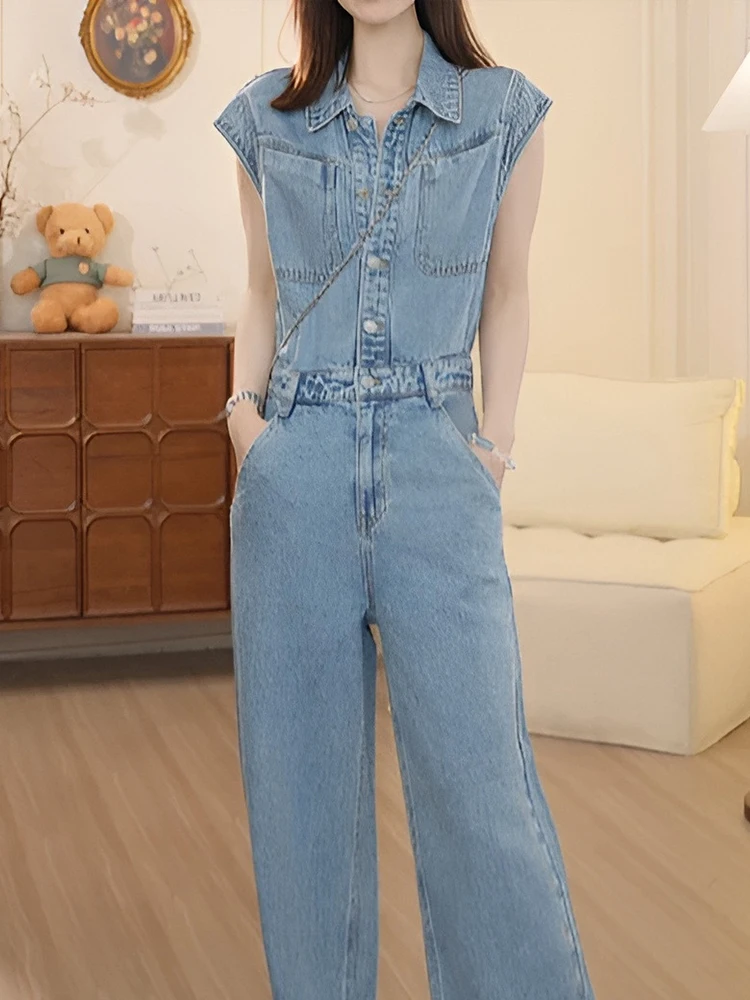 Niebieskie jeansowe spodnie jednoczęściowe damskie, proste nogawki, wysoki stan, spodnie na lato 2025, koreański styl, luźne, wyszczuplające.