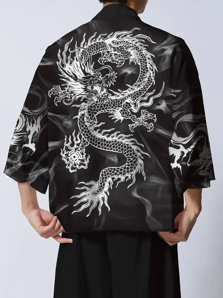 Trend Fashion Japanese Summer Kimono Red Lotus Dream Bong Xian Print Traditional Kimono Casual Loose Cardigan Short Sleeve