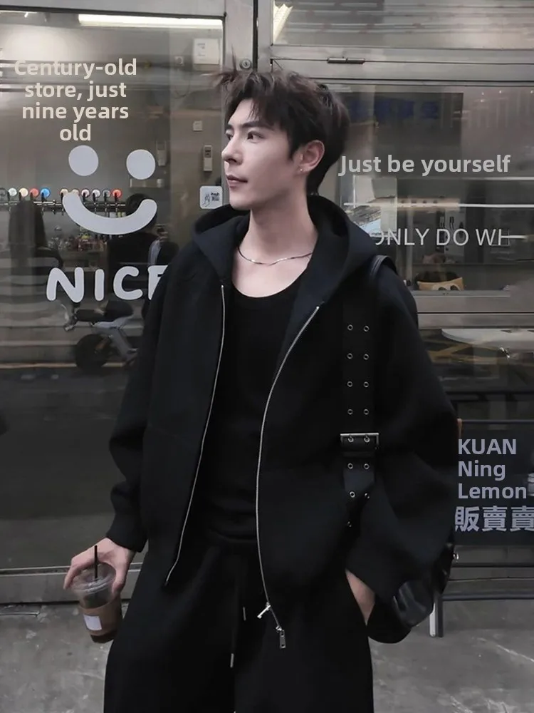 

American Sle Heavyweight Hoodie Men's Pure Bla Loose Fit Casual CoatLazy Sle Autumn Wear Open Cardigan ape Vintage Ou...