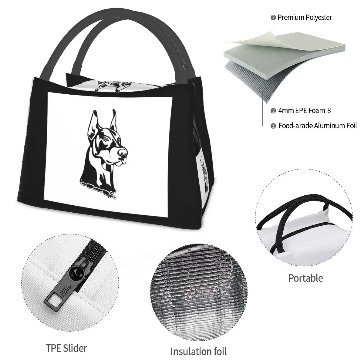 دوبيرمان الكلب الناب صورة أكياس الغداء معزول بينتو صندوق مانعة للتسرب حمل أكياس نزهة برودة حقيبة حرارية للمرأة الاطفال مكتب