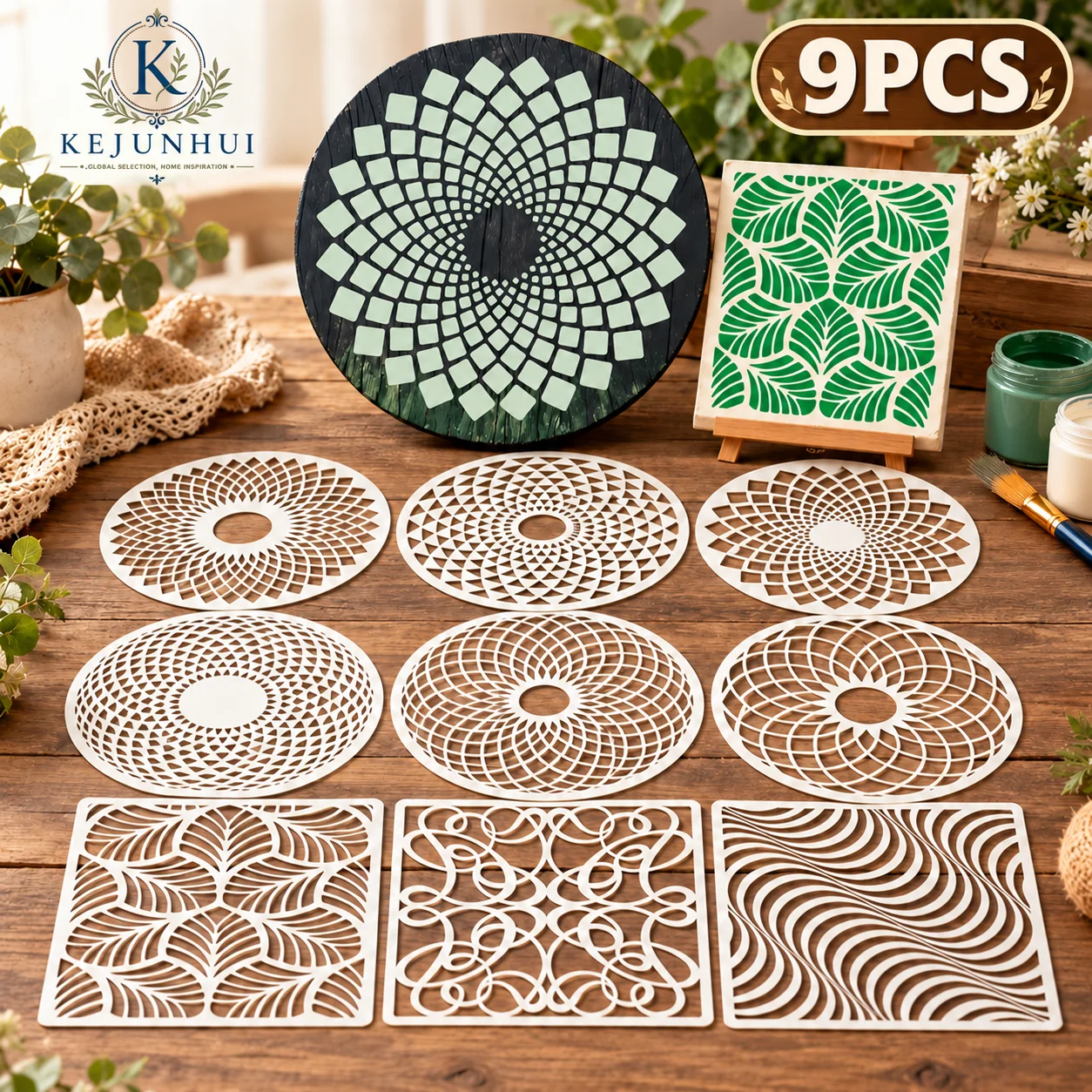 9Pcs Geometric Mandala Stencils Reusable PET Stencils for Painting Spiral Pattern Craft Templates Wall Wood Fabric DIY Art Decor