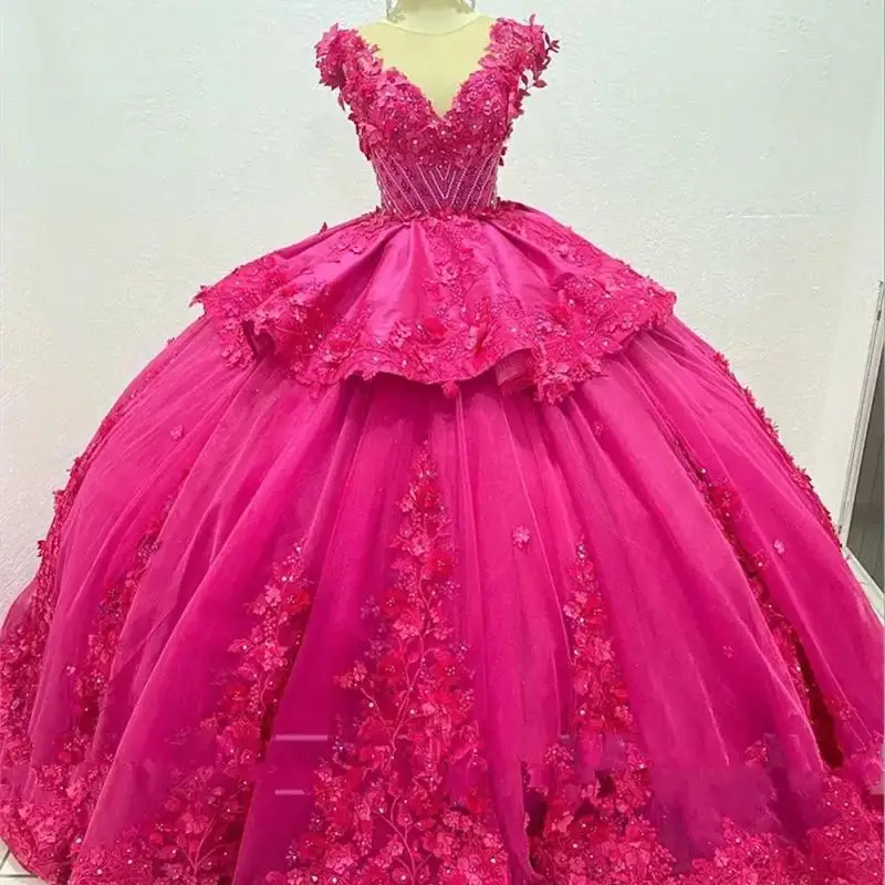 

Customized Fuchsia Quinceanera Dresses with Bow Flower Applique Crystal Beading Lace Vestidos De 15 Anos Birthday Party