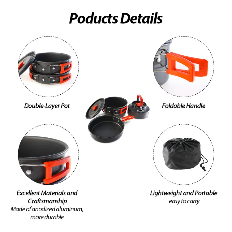 Outdoor Cooking Pot Portable Camping Cookware Chaos Kit 3 in 1 Camping Cooking Kit Aluminum Cookware Kit