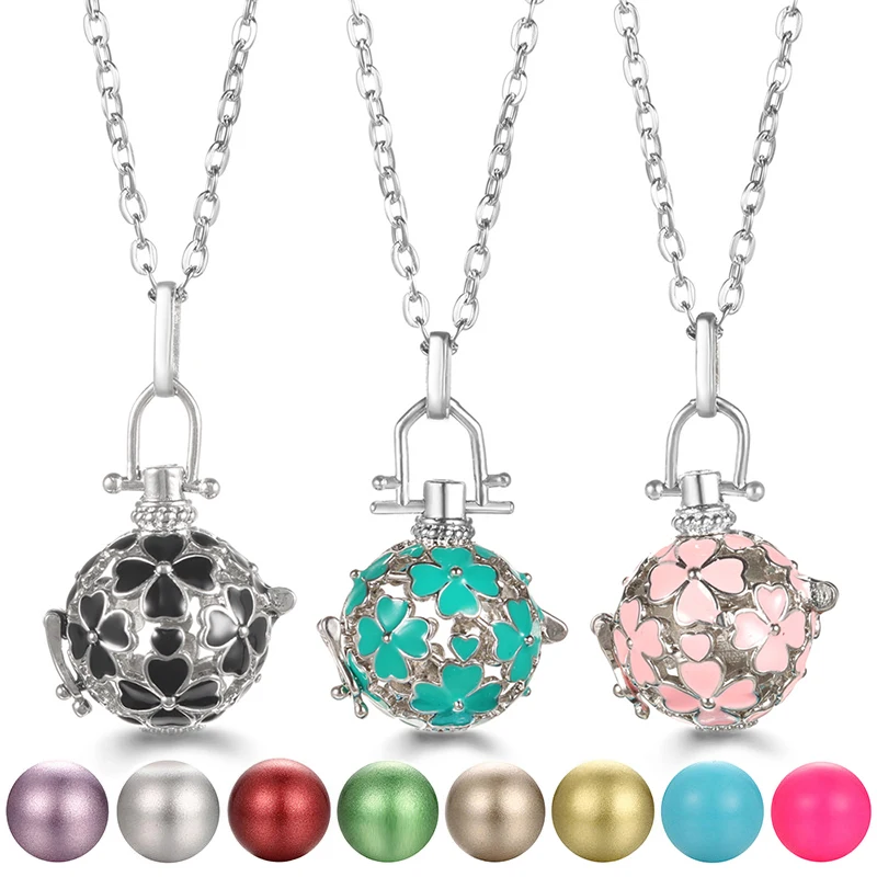 Frankreich Chime Musik Ball Anrufer Aromatherapie Käfig Halskette Ätherisches Öl Diffusor Vier Blatt Gras Romantische Frau Anhänger Schmuck