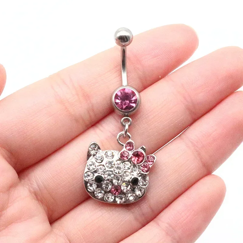 New 1Pcs Trendy Cartoon Stainless Steel Belly Button Ring Belly Piercing Lovely Crystal Cats Navel Rings Body Piercing Jewelry