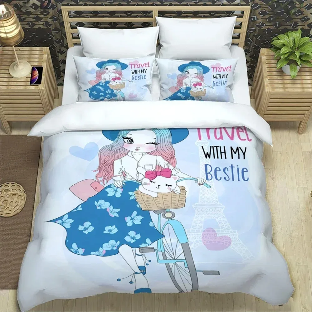 

Cartoon Girl art Print XXL Bedding Set Bedroom Soft Modern Bedspreads Comefortable Kids Duvet Cover Quilt Cover And Pillowcase