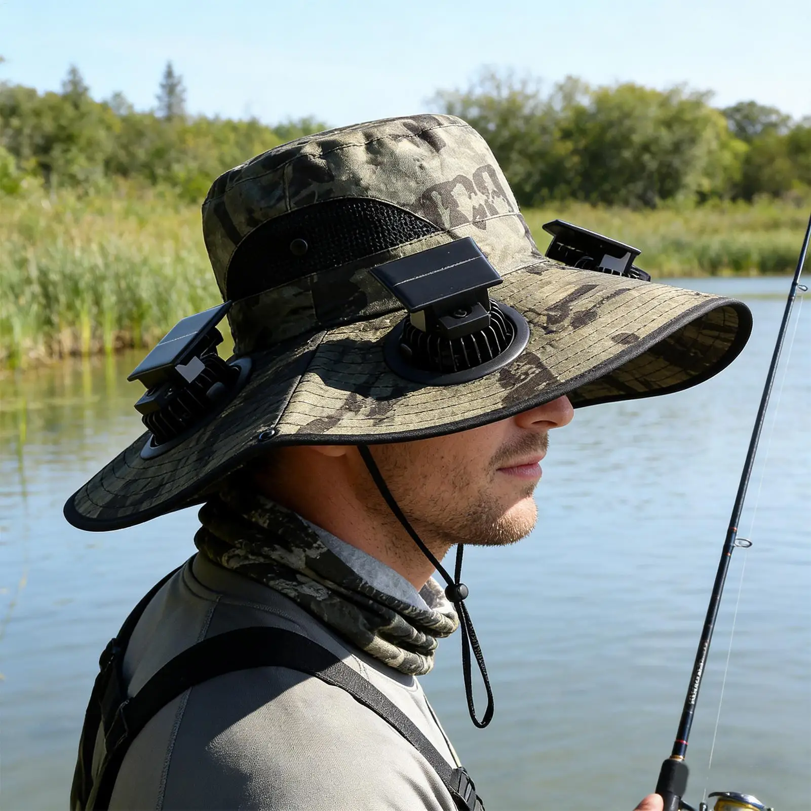 Solar Powered Fan Hat Fisherman Hat with Solar Fans Forehead Neck  Anti-UV Wide Brim Hiking Fishing Hat Outdoor Sun Hat