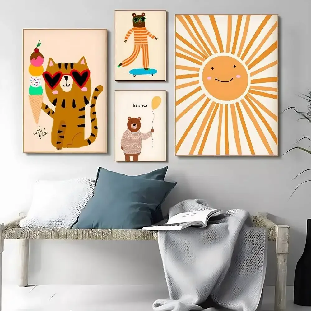 Animals Poster Prints Nordic Floral Bunnies Nursery Posters Kraft Paper Poster Wall Art Painting Aesthetic Art Wall Stickers