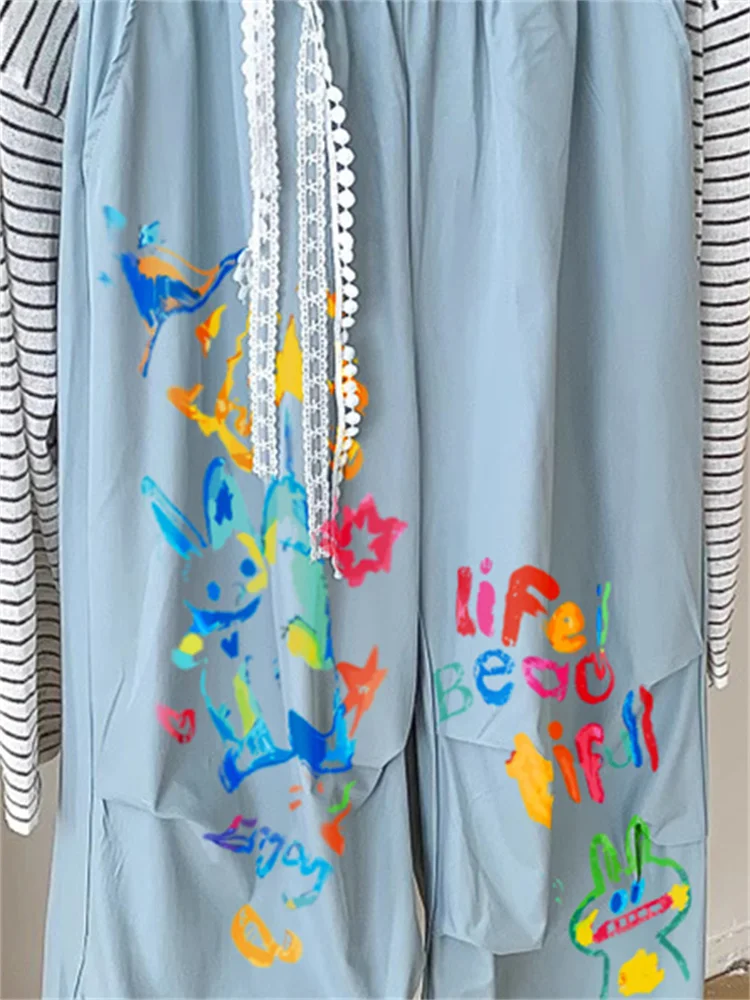 Retro Fre Blauw Kant Splitsen Hoge Taille Casual Broek Mannen Vrouwen Zomer Losse Match Alle Ontwerp Lange Broek Hoge Taille Werkkleding