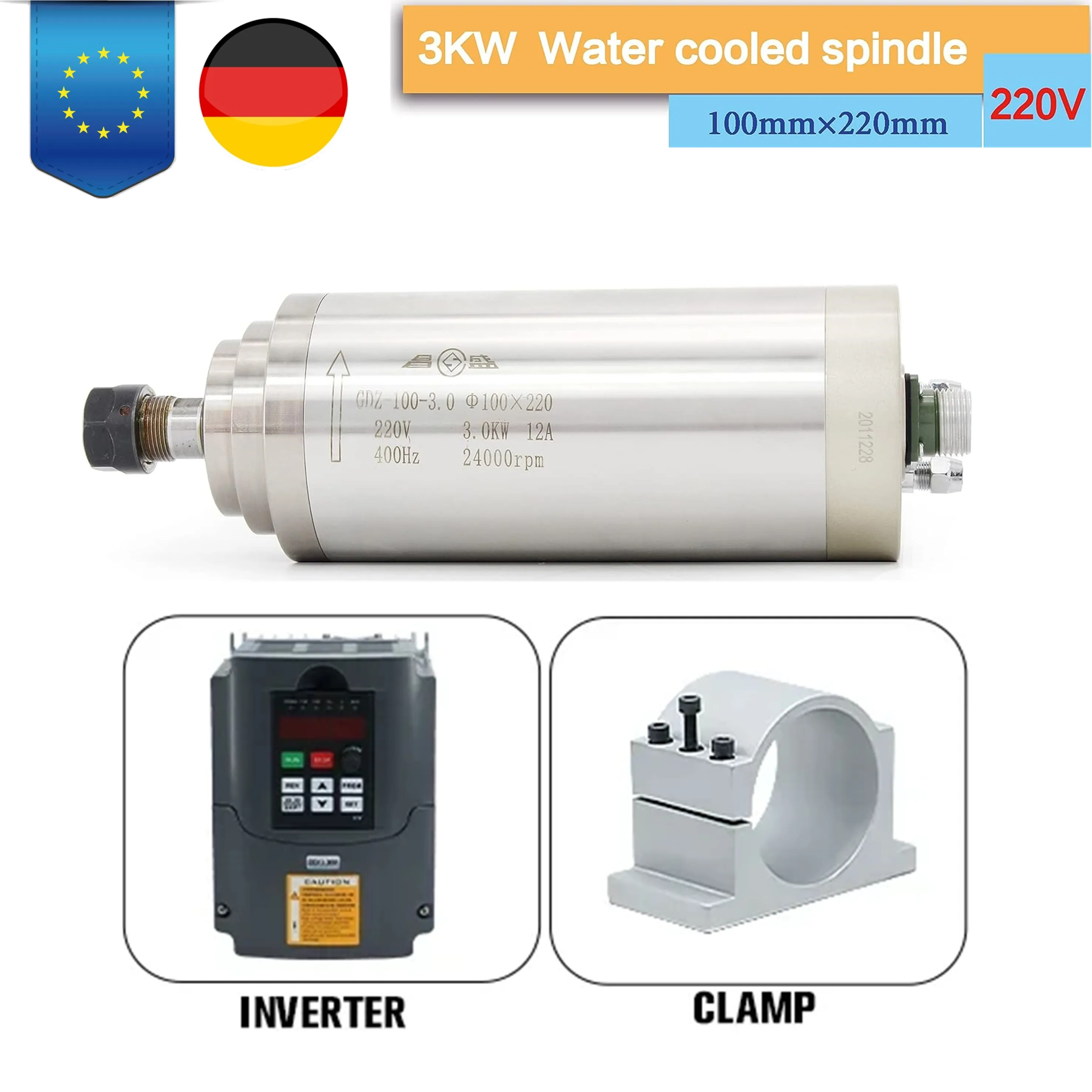 

【EU Stock】3kw ER20 Water Cooled Spindle Motor 100*220mm 220v 4pcs 7series Steel Bearings Huanyang Inverter 80W Pump, 5M Pipes