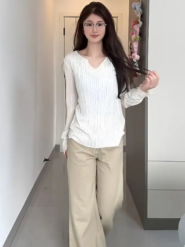 

Korean Lazy Sle White Long Sve V-Ne Striped Knitwear Women's Spring New Waist-Cinching Versatile Top Breathable Casual