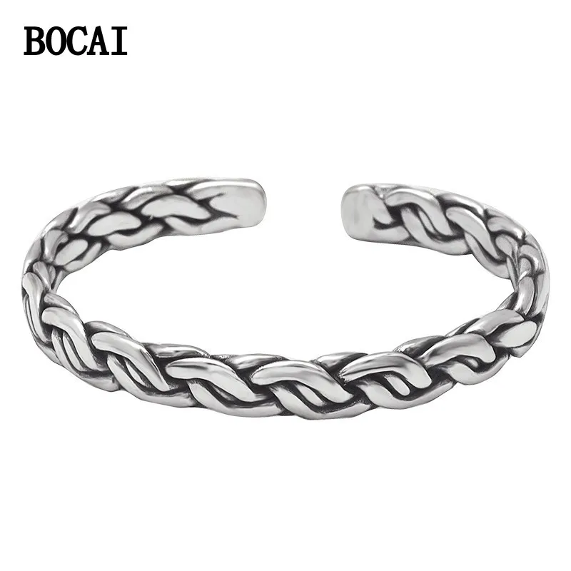 

BOCAI New S925 Sterling Silver Retro Creativity Personality Simplicity Knitting Fried Dough Twists Open Bracelet Men and Women