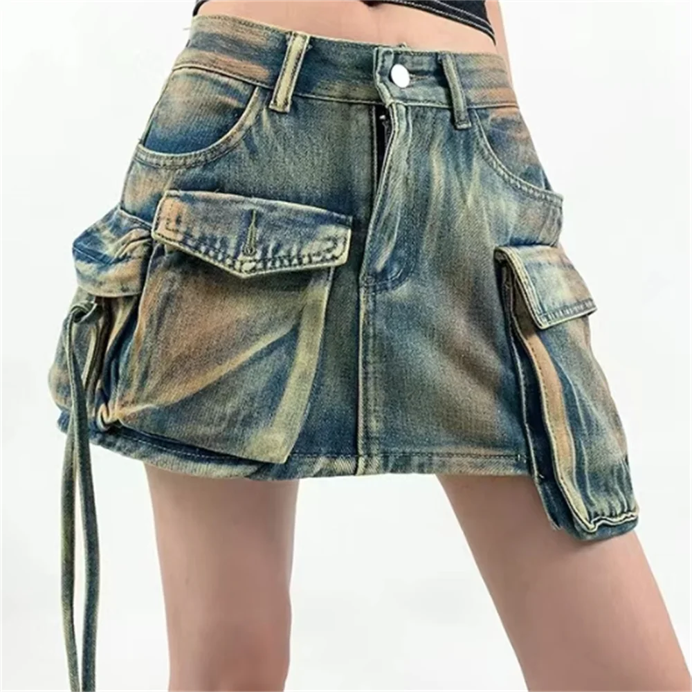 

vintage denim skirt large pockets short skirt jeans women