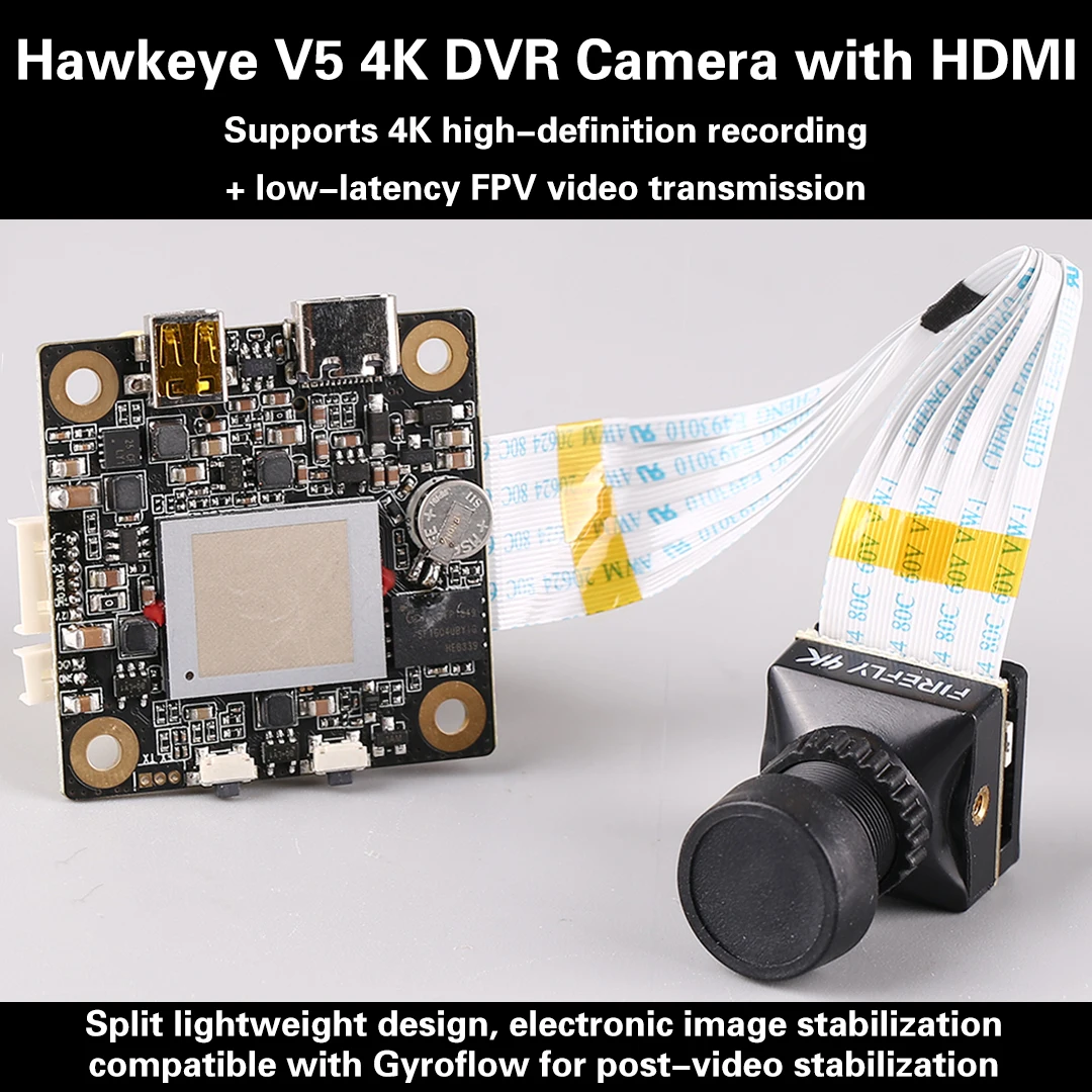 Câmera FPV Hawkeye V5 4K DVR para Drones de Corrida, Fotografia Aérea com Saída HDMI, Câmera de Ação para Quadricóptero e Drone de Corrida