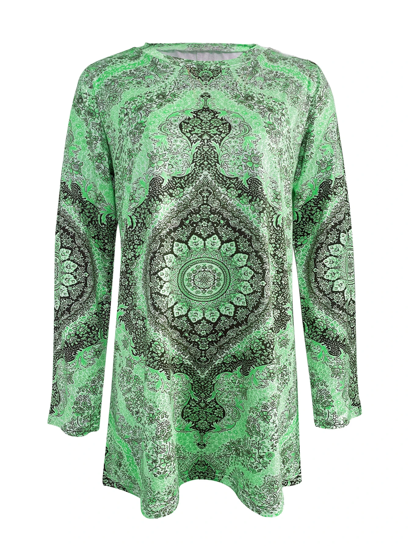 Women Long Sleeve Tunic Top, Green Paisley Mandala Print Boat Neck Blouse, Casual Loose Long Shirt for Leggings Daily Wear