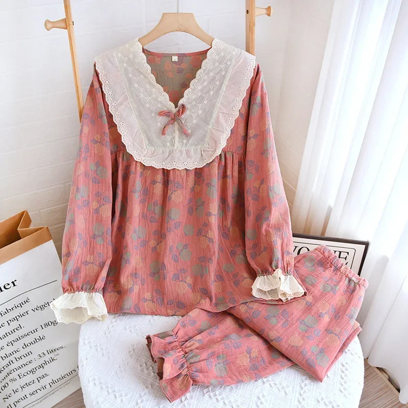 

Хлопковый пижамный комплект, женская ночная рубашка, новая весенне-осенняя одежда для сна с длинными рукавами и цветочным принтом, пижамный домашний костюм, ночная одежда, женская