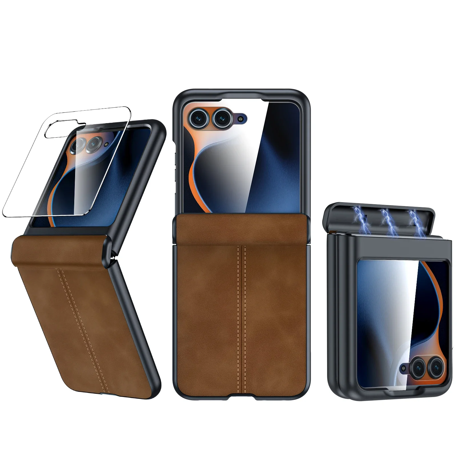 

for Motorola Razr 70 2025/60 2025/Razr 50 2024,with Hinge Protection,Screen Protector,Thin PU Leather Matte Case-Brown
