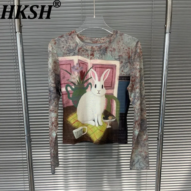 

HKSH Новая летняя женская модная уличная одежда с принтом тай-дай, прозрачная сетчатая футболка с круглым вырезом и длинными рукавами, повседневные шикарные солнцезащитные топы HK7852