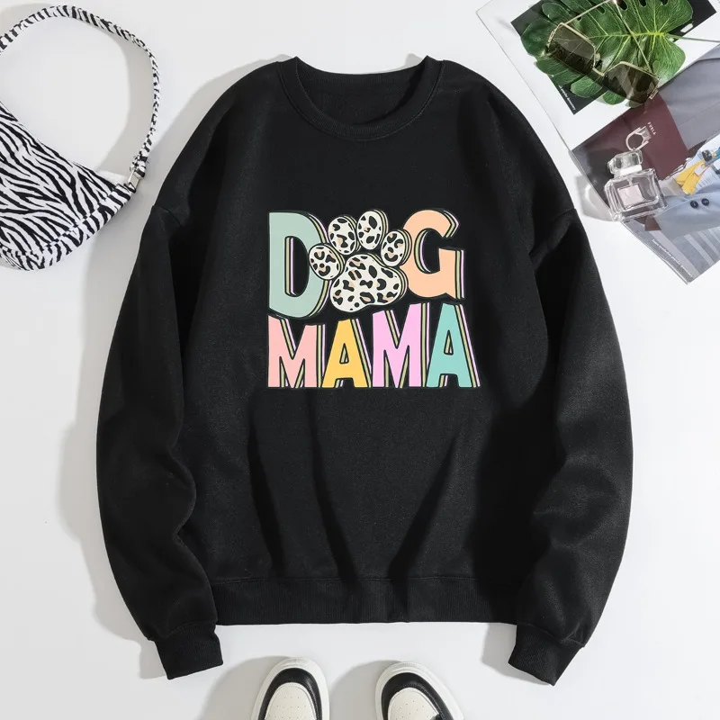 Europe and The United States Women's Loose Round Neck Long Sleeve Fleece Hoodie Women's Coat DOG MAMA Letter Print Sweatshirts