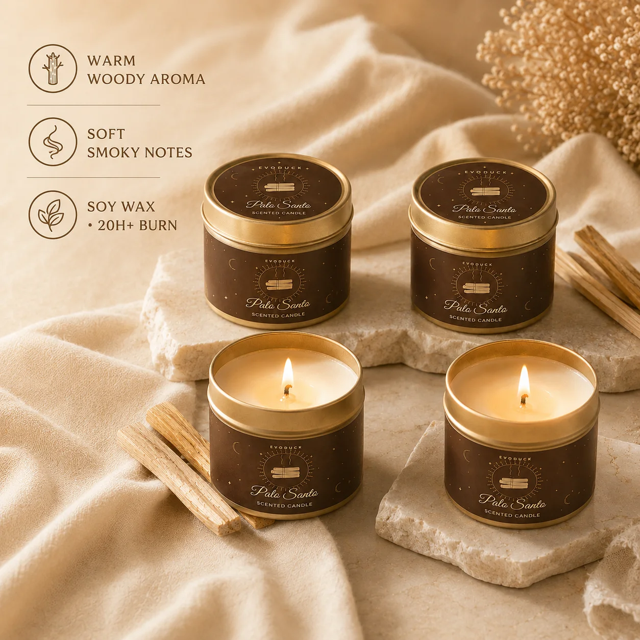 EVODUCK Palo Santo Scented Candle 4 Pieces Set Warm Woody Aroma Soft Smoky Notes Natural Soy Wax Candles in Brown Gold Travel Tin 20 Hours Burn Time Cozy Autumn Winter Fragrance for Meditation Relaxing Bedroom Living Room Home Decor Thanksgiving Gift